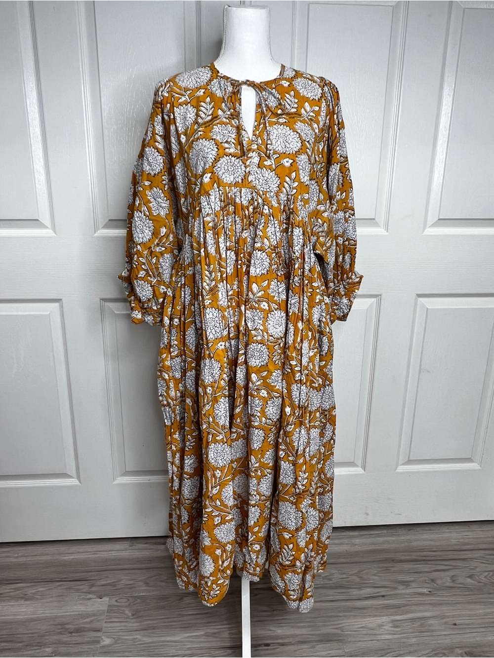 100% Cotton Made in India Bohemian Daffodil Midi Dress in Mustard Midi Dress